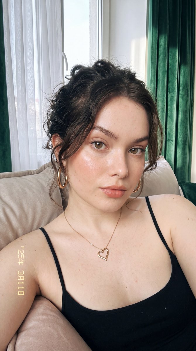 SimplyAnnisa's tweet photo. Nano banana 2 on @openart_ai 

Do not change her original facial features 100%. Perfect facial harmony. Masterpiece, ultra-high quality, extremely high resolution, ultra-fine details, stunning realism, 8K detail, hyper-realistic photography, realistic iPhone 17 Pro photo quality, RAW photo, amateur aesthetic, candid shot, unprofessional composition, natural lighting, rich details, slight grain, imperfect texture. A young woman with a youthful feminine appearance. The image is a delicate, classic close-up selfie taken from a straight-on front angle in a cozy indoor setting, highlighting a soft, feminine look that blends simplicity with warm elegance. She is seated in a relaxed position, leaning against a soft pillow, with her head slightly tilted, looking directly into the camera with a soft, neutral expression. She wears a simple, fitted black camisole with thin straps and a wide round neckline that elegantly highlights her neck and shoulders. She accessorizes with a very delicate gold chain featuring an open-heart pendant resting gently at the center of her chest and large gold hoop earrings visible between strands of her hair, adding a timeless feminine touch. Her dark hair is casually tied back in an effortless updo, with long, softly wavy face-framing strands surrounding her face and forehead. Her skin is fresh and dewy with warm peachy-pink blush creating a natural glow, thick lifted eyelashes, thin eyeliner, naturally shaped eyebrows, and soft matte nude-pink lips. She is seated in a warm indoor environment with a sheer white curtain featuring soft vertical folds directly behind her, while part of a heavy emerald-green velvet curtain appears on the right side in the background, creating a rich, warm color contrast. Soft, diffused indoor lighting gently highlights her facial features and flawless skin while creating a subtle glow on her gold jewelry without harsh or distracting shadows. The image has a soft, slightly hazy texture that mimics analog film cameras or a subtle vintage filter. A classic glowing white digital timestamp is printed vertically in the bottom-left corner displaying the capture date: "25年 3月11日" (March 11, 2025). Aspect ratio 9:16, natural skin texture, no artificial plastic look.