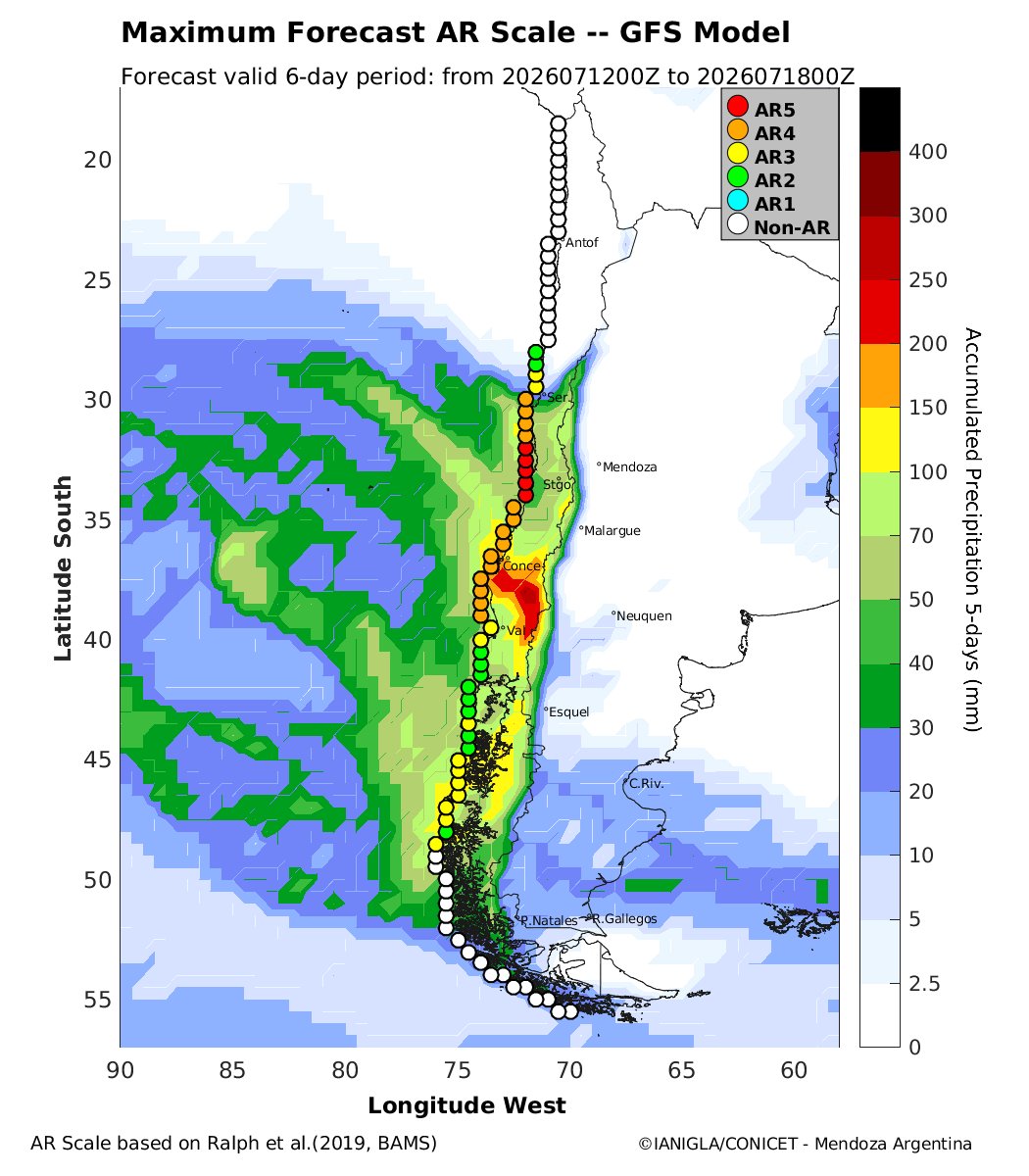 EdoWeatherman's tweet photo. ACTUALIZACIÓN ALERTA. Modelo europeo y río atmosférico. 15-20 de julio.

El modelo europeo vuelve a subir la proyección para esta sucesión de sistemas frontales, con montos sobre 300 mm en algunos sectores de Coquimbo y Valparaíso y sobre 150-200 mm en el resto de la zona central.
El río atmosférico que acompaña todo esto sería categoría 4-5, la más alta y dañina para la población.

Espero que las autoridades activen las alertas correspondientes.