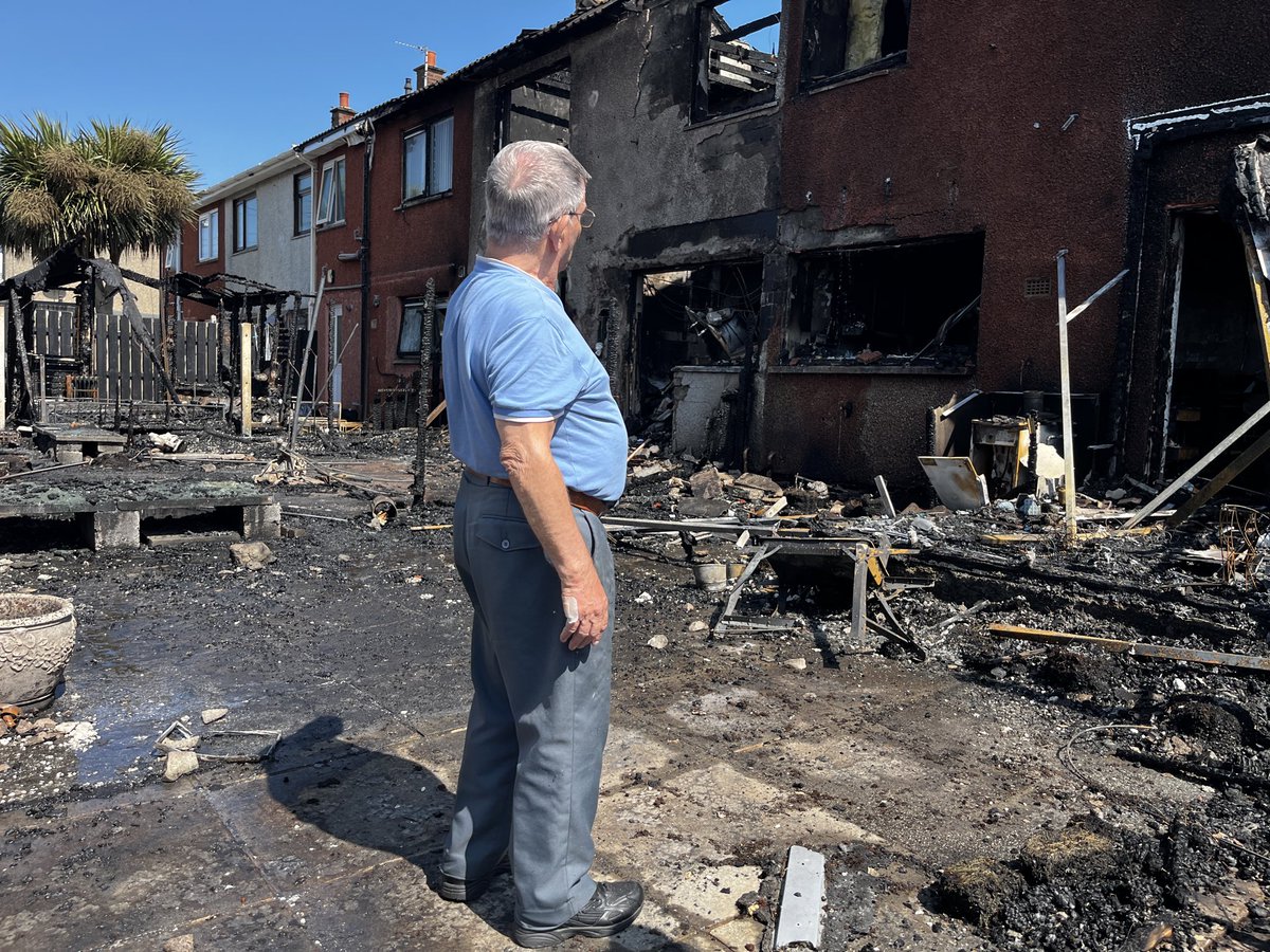 TVconormac's tweet photo. Remains of two houses destroyed when embers from a bonfire driven by a strong breeze caught oil tanks in Greenisland, near Belfast last night. One couple had lived in one of the houses for 50 yrs. https://t.co/hs7MXHNQgT