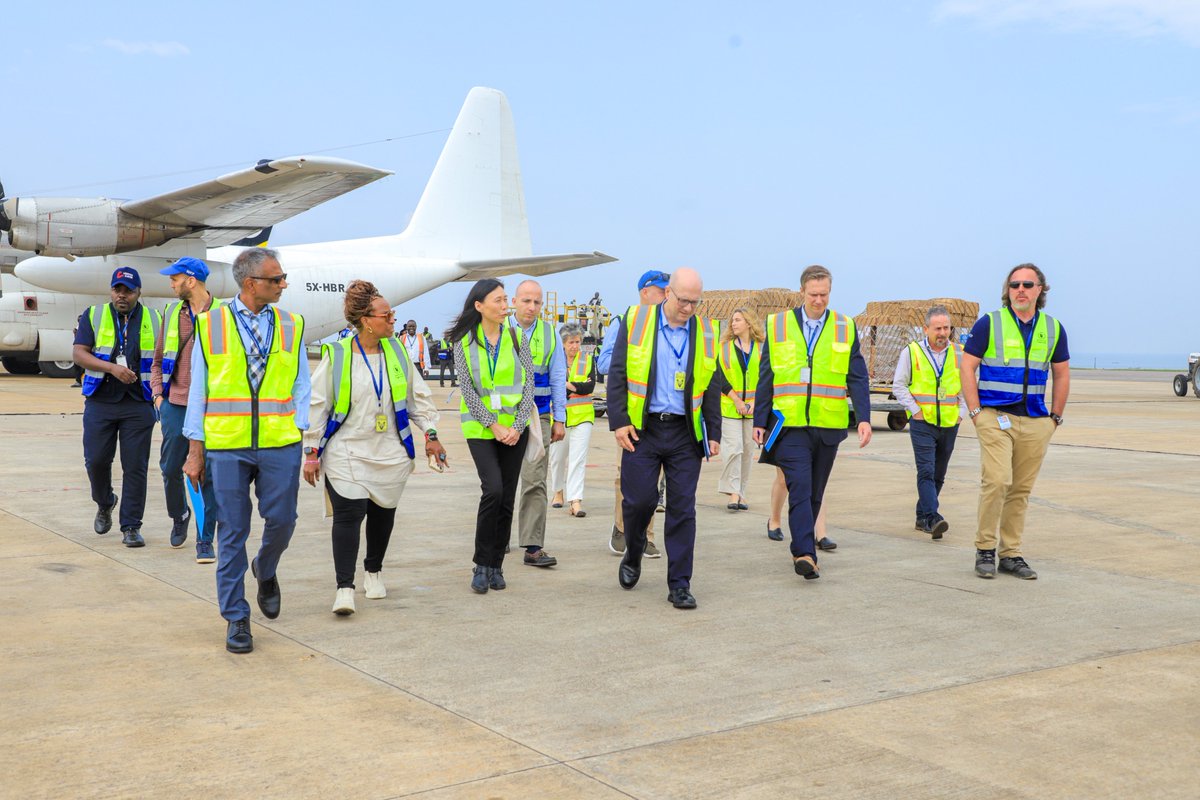 WFP_Uganda's tweet photo. Today at Entebbe cargo centre, a joint @StateDept-@CDCgov delegation saw the @WFP & @logcluster support to the Ebola response as critical cargo was loaded for onward movement to DRC, and received a briefing on the regional operation. With U.S. support, WFP is helping keep lifesaving supplies moving where they are needed most.

@USEmbassyUganda