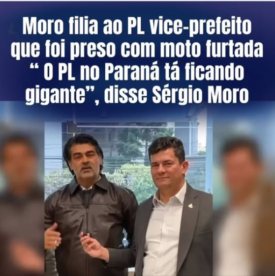 orlandoguerreir's tweet photo. O senador Sergio Moro (PL-PR) gravou um vídeo em maio de 2026 celebrando a filiação ao PL de Aldalto Pezzotti Bernardino, vice-prefeito de Doutor Camargo (PR). Aldalto havia sido preso em janeiro deste ano após a Polícia Militar flagrá-lo com uma moto furtada com chassi adulterado. Em 17 de janeiro de 2026, Aldalto Pezzotti Bernardino foi detido em flagrante pela Polícia Militar em Maringá (PR) conduzindo uma motocicleta com registro de furto ocorrido em Londrina no ano de 2017. Ele foi solto após pagamento de fiança e responde por receptação e adulteração de sinal identificador veicular.