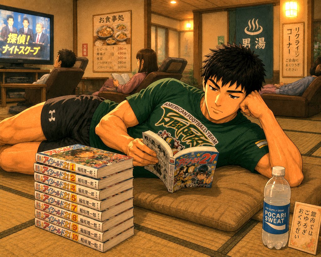 football_majin's tweet photo. 今週も、隣町のスーパー銭湯へ。サウナで汗と老廃物を掃き出し、温泉に入り、座敷でゴロゴロと。
【AI生成】【適当はご容赦】 https://t.co/QKRliu7HUd
