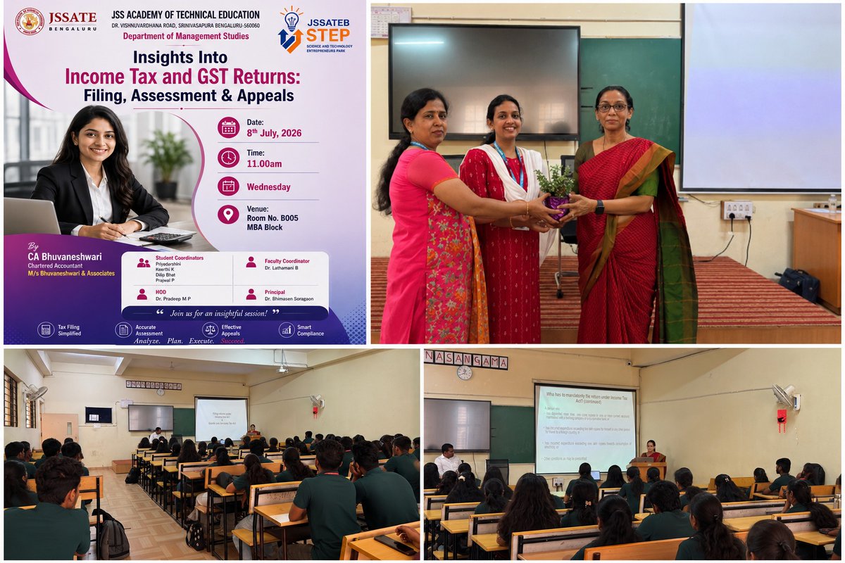 JSSATEBofficial's tweet photo. Industry Expert Talk on Income Tax and GST Conducted at JSSATE Bengaluru

The Dept of Management Studies, JSS Academy of Technical Education (JSSATE), Bengaluru, organized an Industry Expert Talk on "Income Tax and GST Returns, Filing, Assessment and Appeals" for MBA students https://t.co/m0mJH37GGT