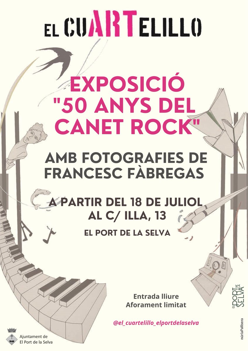 elportdelaselva's tweet photo. AVUI!
El #CuARTelillo - Exposició "50 anys del Canet Rock"
Amb fotografies de Francesc Fàbregas.
Dissabte 18 de juliol, al c/ Illa, 13.
Entrada gratuïta. Aforament limitat.
#elportdelaselva #cultura #exposició #fotografia https://t.co/jMMcxNOSq7