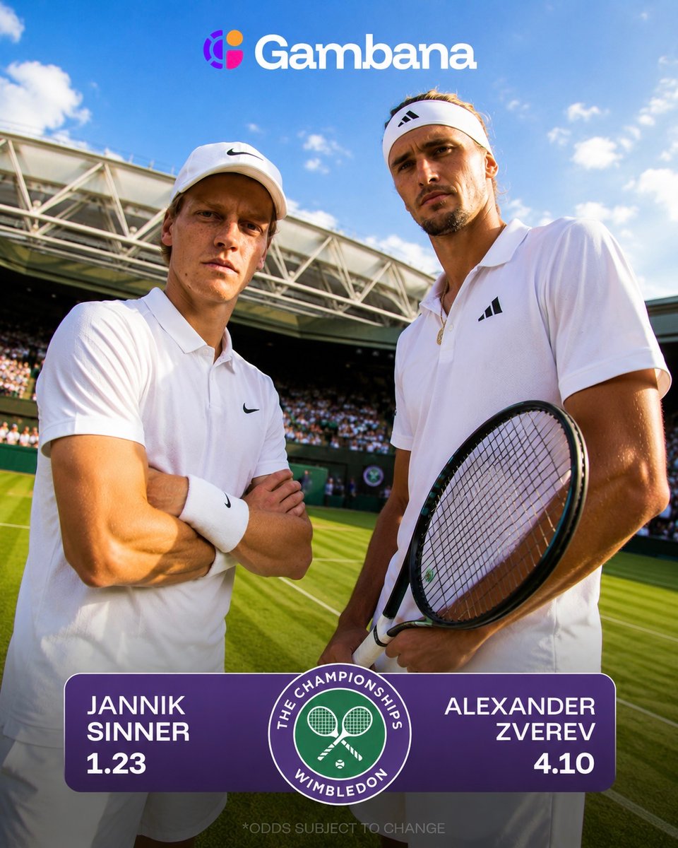 gambana's tweet photo. 🎾🔥 WIMBLEDON FINAL SHOWDOWN 🔥🎾

🇮🇹 Jannik Sinner vs 🇩🇪 Alexander Zverev

Will Sinner add another Wimbledon title to his collection, or will Zverev finally lift the Wimbledon trophy for the first time?

💬 Predict the match and WIN!

🎾 Guess the TOTAL number of games played in the final.

🎁 FREE BETS for the FIRST 3 correct predictions!

How to enter:
✅ Comment your prediction
❤️ Like this post
📲 Follow our page
📝 Include your Gambana username

Who are you backing? 👇

🇮🇹 Sinner or 🇩🇪 Zverev

Catch all the action on Gambana