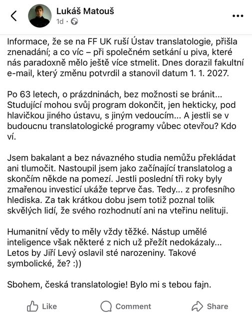 ales_kozar's tweet photo. Tak čistky na FFUK pokračují. Ústav translatologie, jediné pracoviště v ČR zabývající se překladem, is dead. Paní profesorko @JanaMynarova, nerad ruším o prázdninách, netušíte, co se tam děje? Neof. zprávy jsou strašidelné. Filologie podobně. Fakt si to jako jeden z nejméně https://t.co/iO1u56X8VB