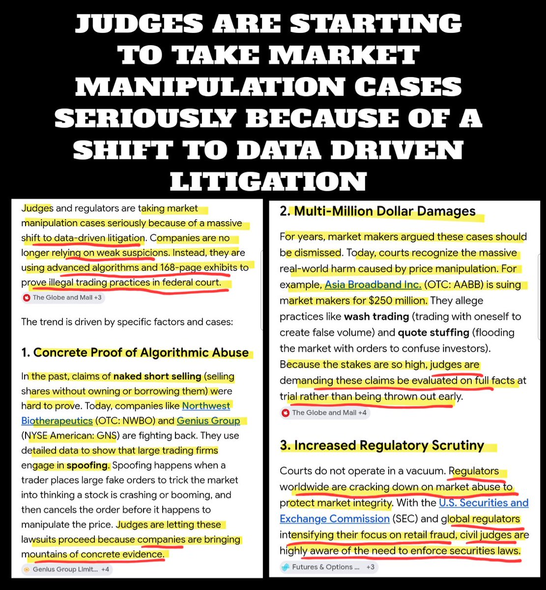 stephmase22's tweet photo. 📣📣JUDGES ARE HAVING TO TAKE MARKET MANIPULATION CASES SERIOUSLY AND ORDER DISCOVERY 

In the past, firms like Citadel Securities and Virtu Financial counted on market manipulation illegal naked short selling cases being hard to prove.

Now companies like NWBO GNS AABB QNTM are doing massive amounts of due diligence before filing their cases. Getting the data that can't be ignored.

We are seeing a new generation of CEO's that are taking action and fighting back. We are seeing more and more cases being filed, and it's always the usual suspects.

Global Regulators are cracking down, which puts pressure on the US Regulators and the Courts.