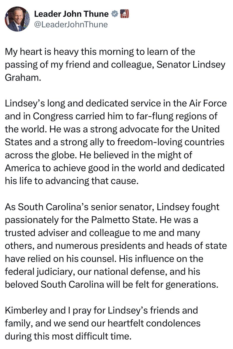 Breaking911's tweet photo. Leader John Thune on the passing of Sen. Lindsey Graham: https://t.co/mO8pqQ413G