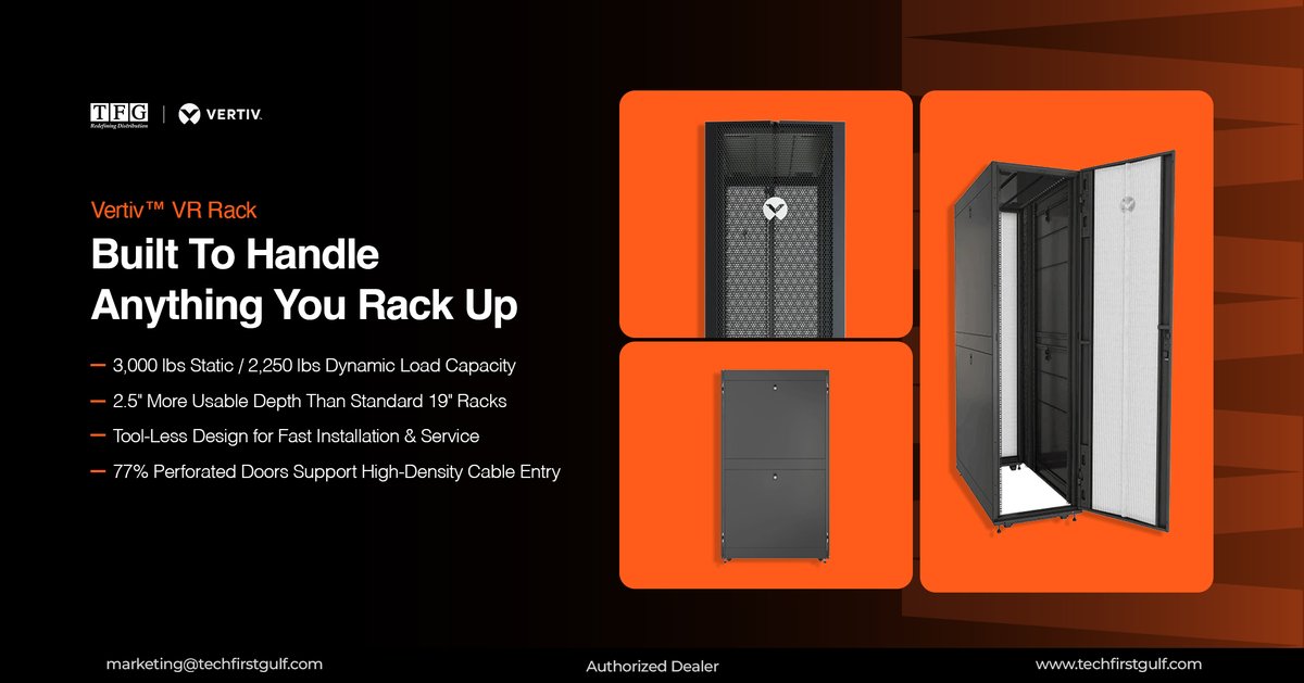 tech_fz's tweet photo. @Vertiv VR Rack: 3,000 lbs load capacity, 2.5" more usable depth, tool-less design, 77% perforated doors. Built for high-density IT environments.
π© marketing@techfirstgulf.com
#Vertiv #VRRack #TechFirstGulf https://t.co/nnr7WQwi9N