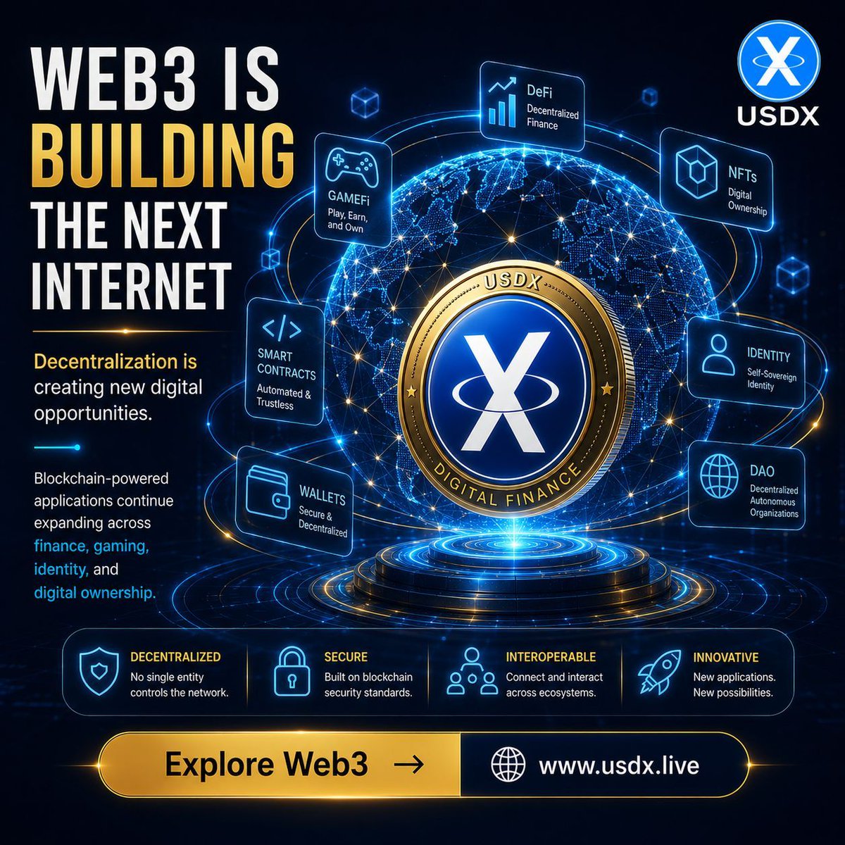 usdx_live's tweet photo. Web3 represents the next evolution of the internetβwhere users have greater ownership, transparency, and participation.
Learn how blockchain is shaping tomorrow's digital economy.
#Web3 #Blockchain #Crypto #Stablecoin #USDX #DigitalAssets #FutureOfFinance #BlockchainTechnology https://t.co/BaXDJ1KEL3