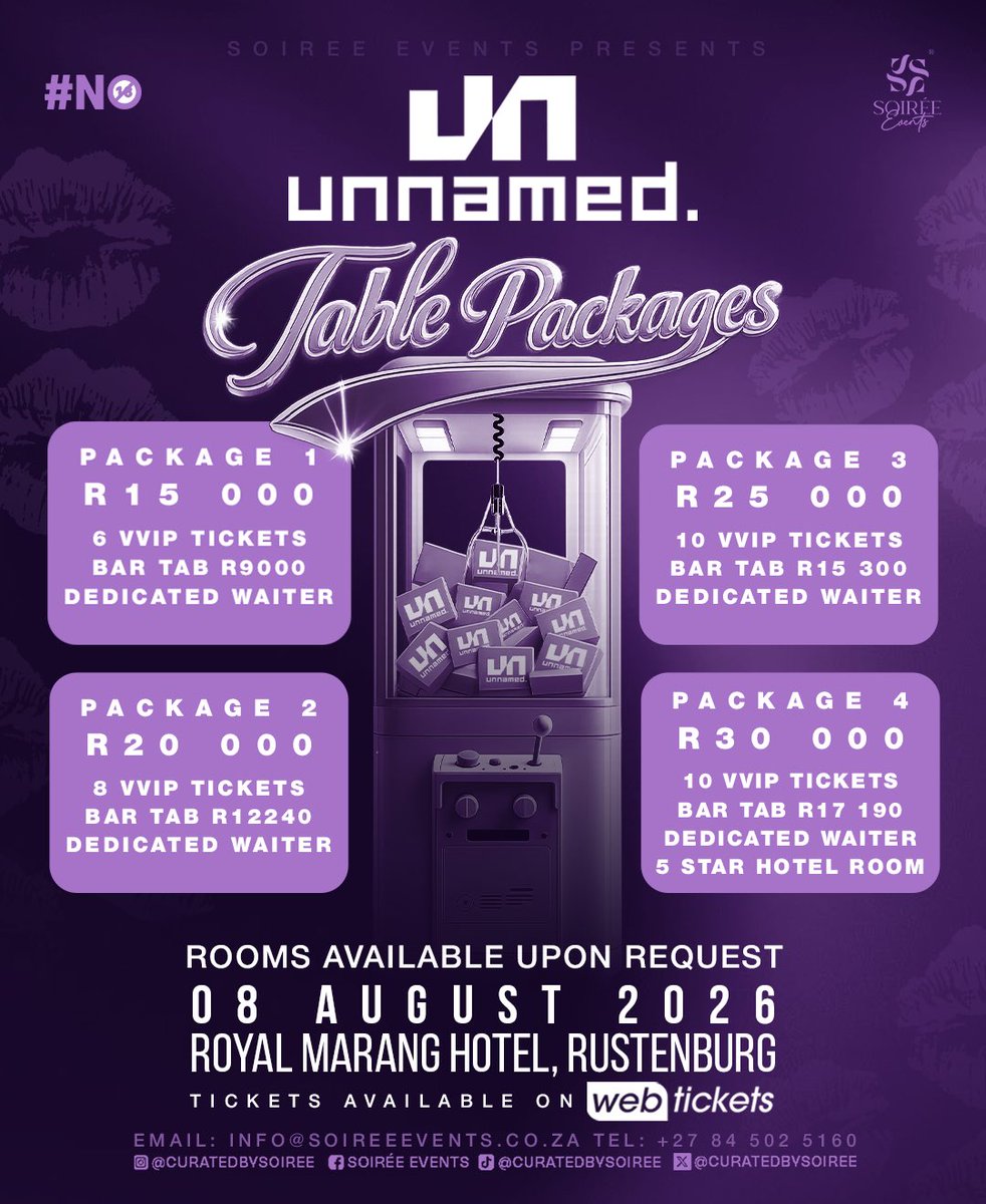 Soiree_EventsZA's tweet photo. The stars have aligned, and your chance to experience Unnamed for less is here!!!🤭💜

Don’t wait until it’s too late. Grab your ticket while the 30% OFF special is still live and get ready for a night you’ll be talking about long after the music stops🔥

One stage! One unforgettable atmosphere! A lineup featuring the best from Makhadzi, Nkosazana Daughter, Mawhoo, Janesh, Nobantu Vilakazi, DJ Tshegu, and MANY MORE !

#umnamedevents #soiree #rustenburg #fyp