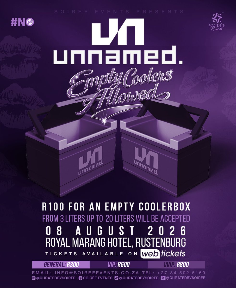 Soiree_EventsZA's tweet photo. The stars have aligned, and your chance to experience Unnamed for less is here!!!🤭💜

Don’t wait until it’s too late. Grab your ticket while the 30% OFF special is still live and get ready for a night you’ll be talking about long after the music stops🔥

One stage! One unforgettable atmosphere! A lineup featuring the best from Makhadzi, Nkosazana Daughter, Mawhoo, Janesh, Nobantu Vilakazi, DJ Tshegu, and MANY MORE !

#umnamedevents #soiree #rustenburg #fyp