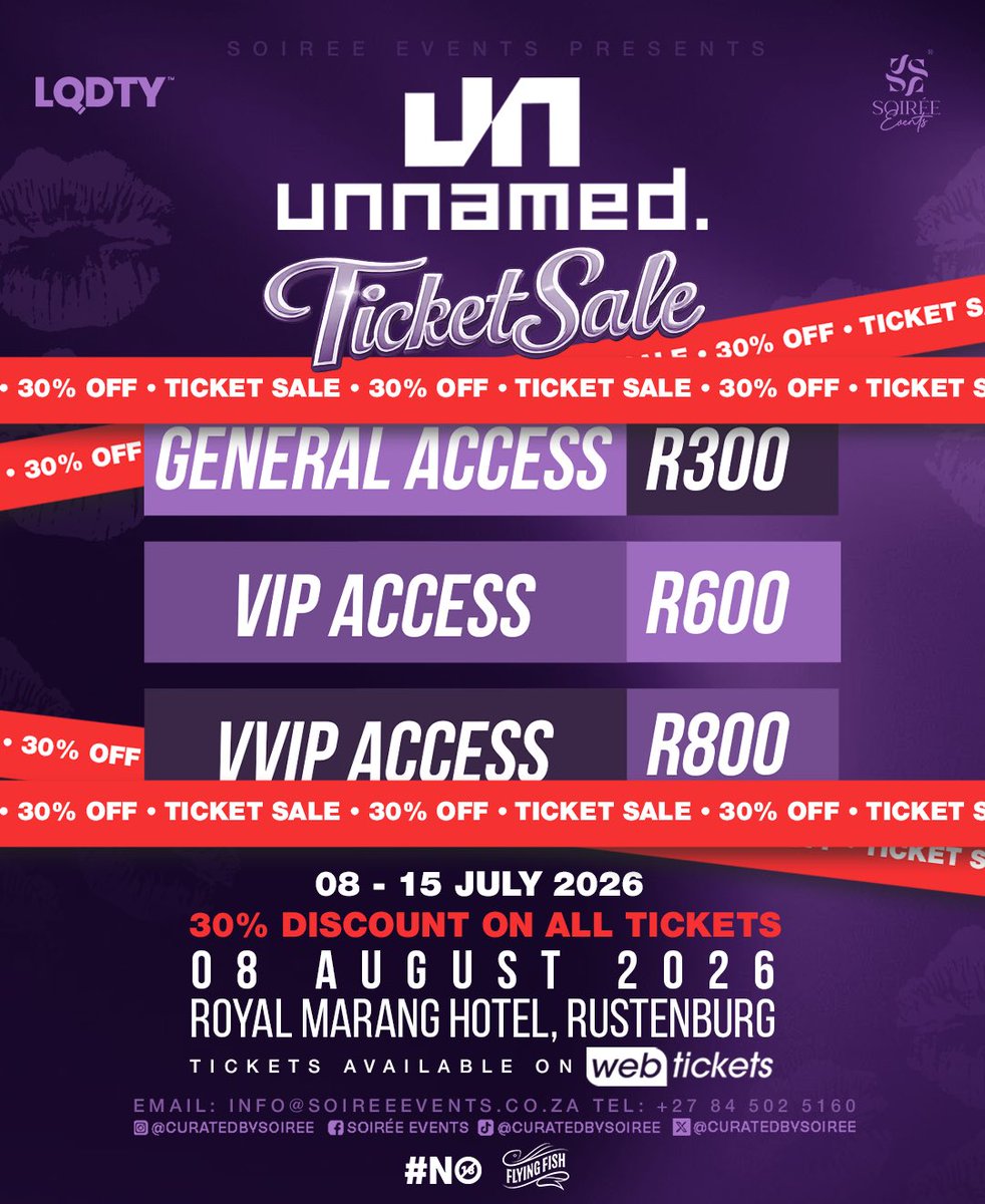 Soiree_EventsZA's tweet photo. The stars have aligned, and your chance to experience Unnamed for less is here!!!🤭💜

Don’t wait until it’s too late. Grab your ticket while the 30% OFF special is still live and get ready for a night you’ll be talking about long after the music stops🔥

One stage! One unforgettable atmosphere! A lineup featuring the best from Makhadzi, Nkosazana Daughter, Mawhoo, Janesh, Nobantu Vilakazi, DJ Tshegu, and MANY MORE !

#umnamedevents #soiree #rustenburg #fyp