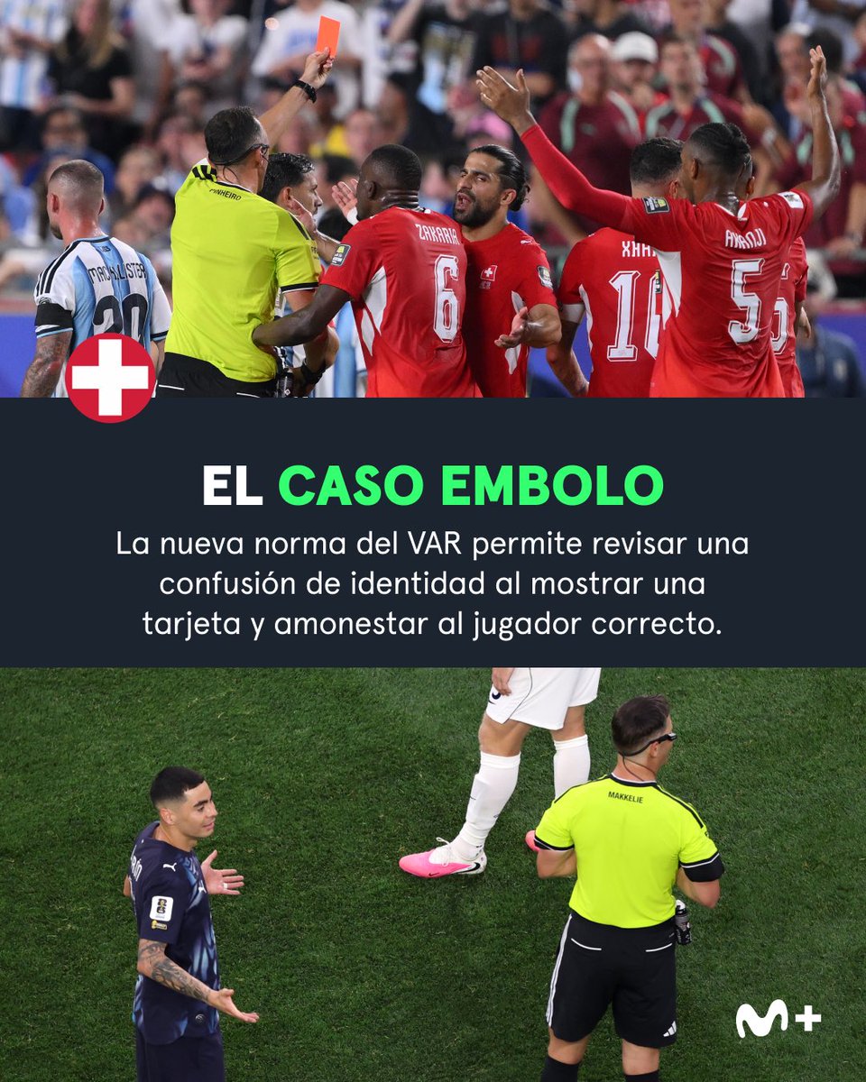 MPlusDeportes's tweet photo. 🟥 El 𝐜𝐚𝐬𝐨 𝐄𝐦𝐛𝐨𝐥𝐨.

La 𝒏𝒖𝒆𝒗𝒂 𝒏𝒐𝒓𝒎𝒂 𝒅𝒆𝒍 𝑽𝑨𝑹 permite revisar una confusión de identidad al mostrar una tarjeta y amonestar al jugador correcto.

El delantero suizo vio la segunda amarilla por simulación tras sancionarse inicialmente a Paredes, como ya ocurrió con 𝗔𝗹𝗺𝗶𝗿𝗼́𝗻 𝗮𝗻𝘁𝗲 𝗘𝘀𝘁𝗮𝗱𝗼𝘀 𝗨𝗻𝗶𝗱𝗼𝘀.

#LaCasaDelFútbol