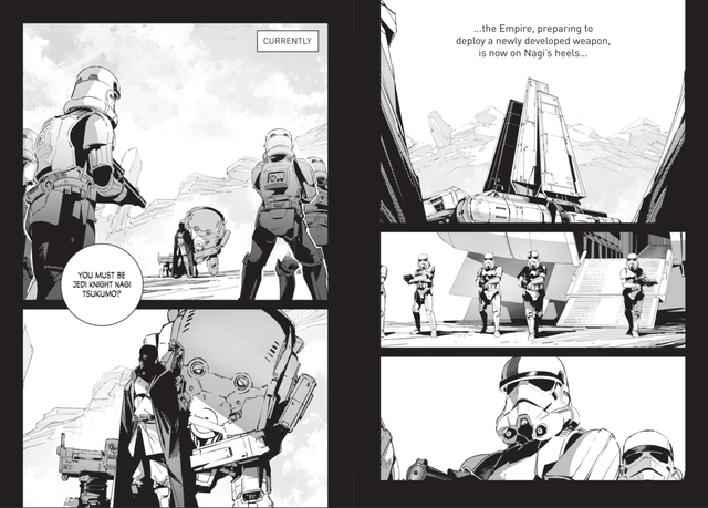 StarWarsRenmei's tweet photo. ７月発売の漫画『STAR WARS Visions: Tsukumo』よりプレビューが公開

『ULTRAMAN』等で知られる清水栄一先生・下口智裕先生のコンビによる漫画！

オーダー66後、孤独なジェダイ騎士は2体のドロイドと共に、“ドロイドの楽園”を目指す

日本初の漫画だが、日本語版は無い模様…… https://t.co/bpK3specaq