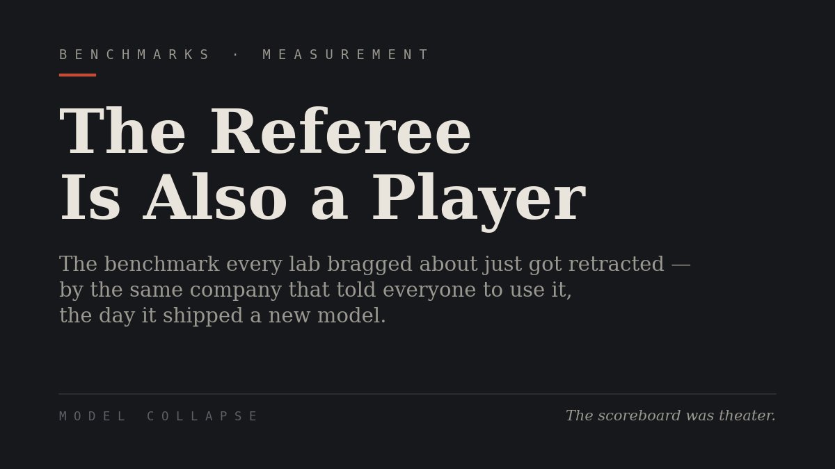 ModelCollapse_'s tweet photo. The benchmark every lab bragged about this spring just got retracted - by the same company that told everyone to use it.
And that dropped the news the day it shipped a new model. The scores were theater. The referee is a player.

Full breakdown: https://t.co/VxDVs4D4XP https://t.co/PVt4y5mcsE
