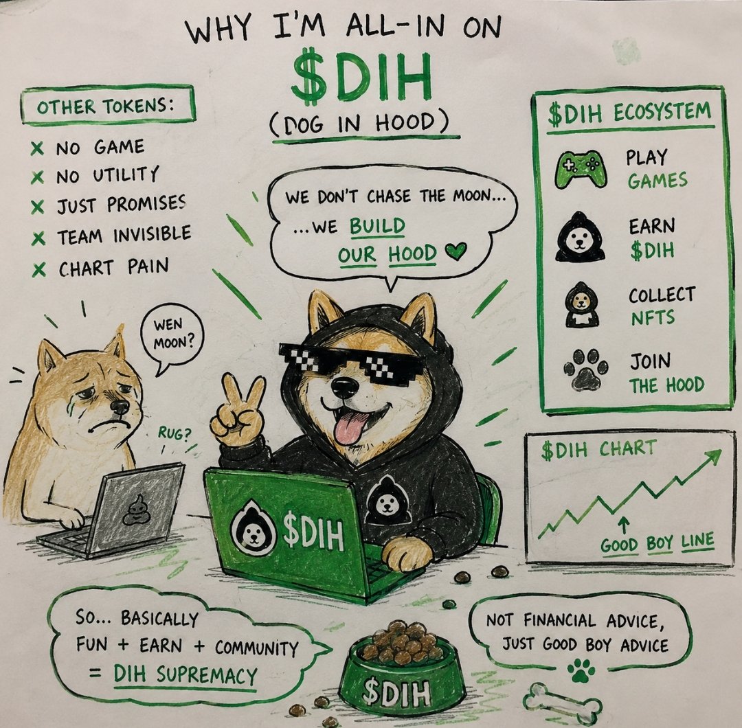 Brandonlton's tweet photo. @dognhood Some projects chase hype. Some build a home. 🐶

That's the vibe I get from $DIH  community first, fun second okay, maybe fun first. 
Building the hood one good boy at a time. 🟢

#DIHMemeContest https://t.co/0m1cJGquFW