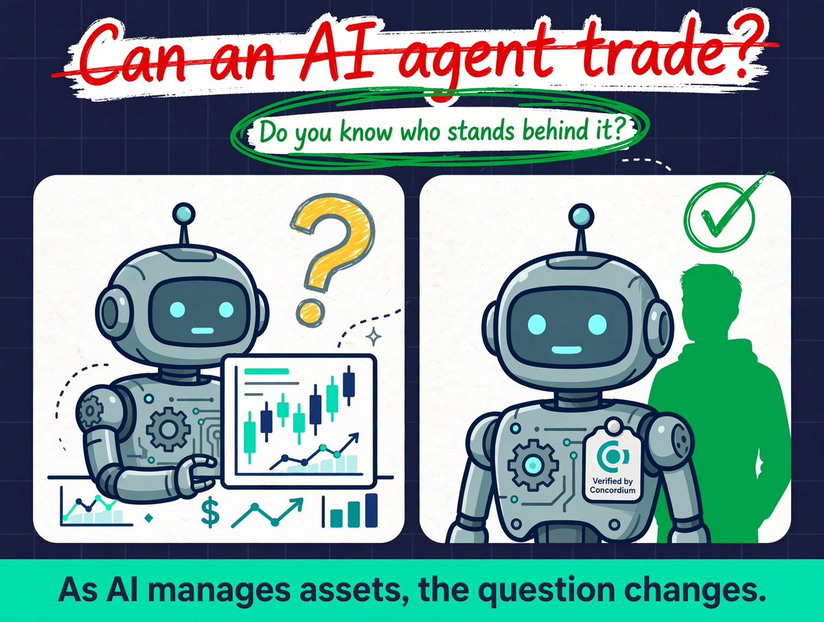 cryptign's tweet photo. The real question isn’t whether an AI agent can trade.

It’s whether you know who stands behind it.

Capability ≠ Accountability.

As AI agents begin managing assets and moving value, the market needs receipts, not just features.

Verified by Concordium = you know who’s liable. https://t.co/0WkMJN27BK