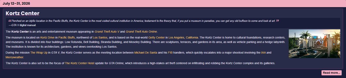 GTAWikiOfficial's tweet photo. The GTA Wiki featured article for the rest of July is the Kortz Center, the art museum due to be the focus of the upcoming Kortz Center Heist DLC for GTA Online.

The Kortz Center is based on the Getty Center in Los Angeles. https://t.co/20EJ4rU738