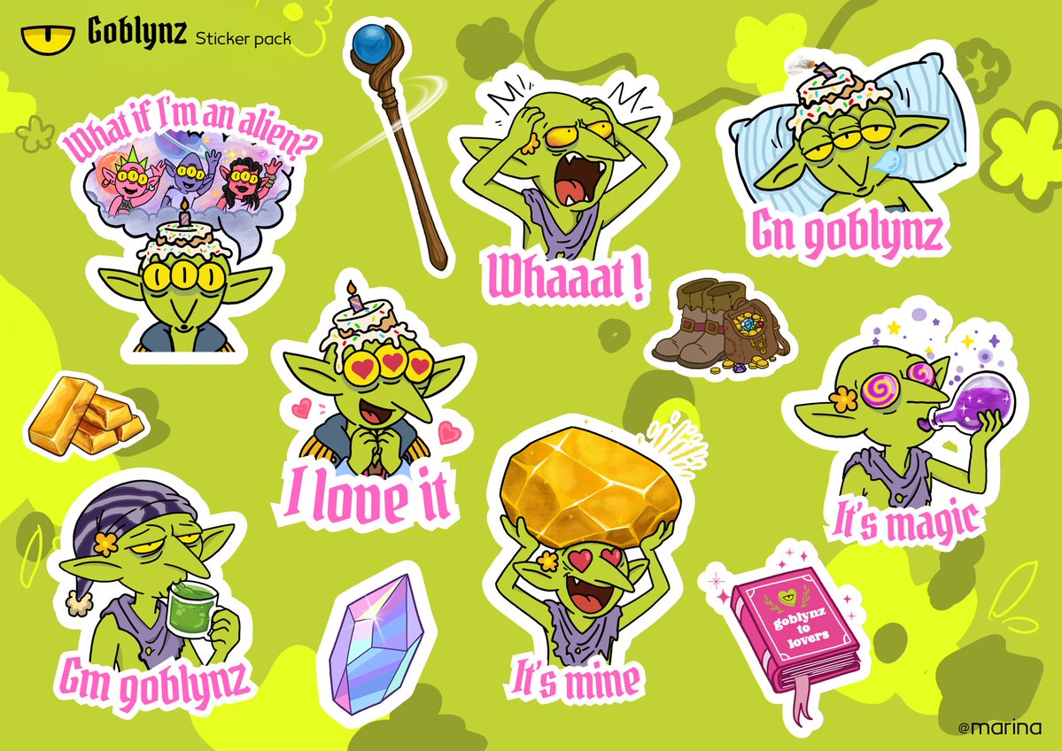epiiicgiiirl's tweet photo. Spent the last few days designing @GoblynzNFT sticker pack for the sticker Contest , with lots of love. ✨

Every expression was drawn to match the fun energy of the community 🧌🔮

Hopefully these little reactions find their way into every goblynz conversation 💬

Hope you enjoy it! 💚