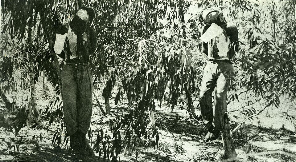 ProfHall1955's tweet photo. Lisa, this is beneath you. Israel is a terrorist state, terrorising and murdering Palestinians for 40 years before Hamas existed. Zionist terrorists also murdered over 800 British citizens 1946-48, including the two soldiers below, hung with piano wire. How many of us have Palestinians murdered? The Big Meeting celebrates *opposition* to the terrible conditions that killed and maimed miners, the lobbying that forced the modernisation of Notts pits and the bonus scheme Notts scabs were on when 80% of them kept working to help Thatcher.  Using the internationalism the MU has always supported as an excuse to slag of the Big Meeting is pathetic. Given where you're from - 'Scab Central' - if you ever went near it you'd be kicked out on your arse. We know why you're disparaging it. Delete this, Lisa, it's pathetic.