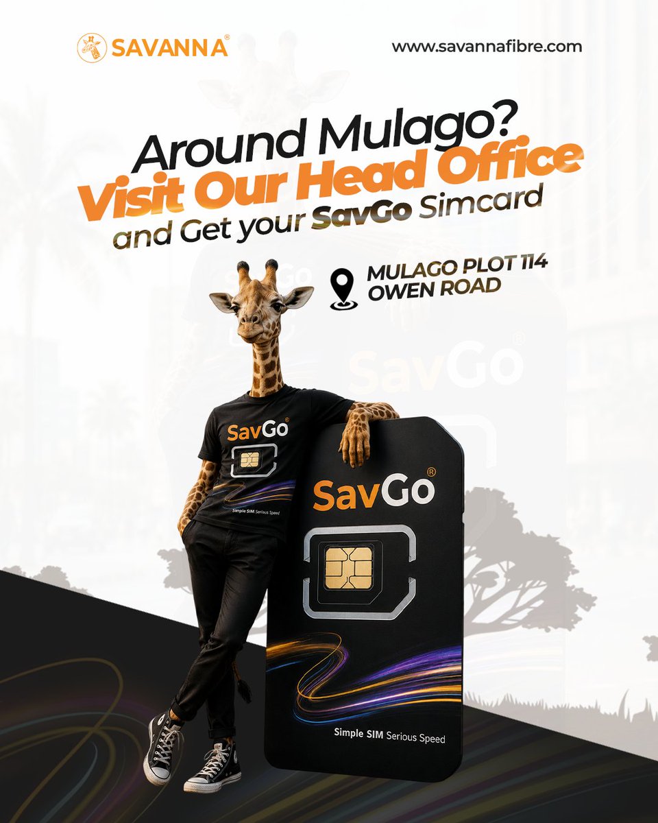 savanna_ug's tweet photo. Make the smart switch. Visit our Savanna Head Office in Mulago and get your SavGo SIM card. Fast, simple, and convenient.
#SAVGO #SimpleSim #SeriousSpeeds #UnlimitedInternet https://t.co/ygmwhfP9Jf