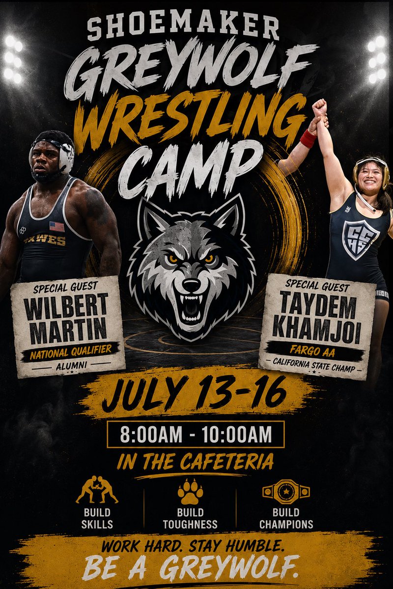 WGWolves254's tweet photo. 🐺 Greywolf Wrestling Camp Pt.2 | July 13–16 | 8–10 AM

Learn from special guests:
🏅 Wilbert Martin – Shoemaker Alumni &amp; NAIA National Qualifier
🏅 Taydem Khamjoi – Fargo All-American &amp; California State Champion

💪 Build Skills. Build Toughness. Build Champions. https://t.co/TM2ENI6Erf