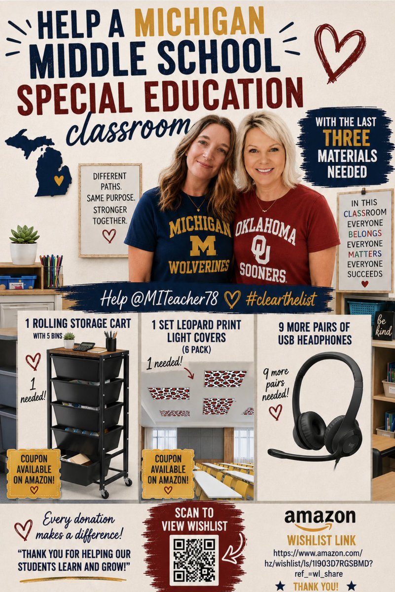 JustJillTeacher's tweet photo. Help my friend Michelle @MIteacher78 with the last 3️⃣ items to #clearthelist for her Middle School Special Education classroom. 🎧 

You can make a difference in the life of a child. 🔗 https://t.co/tDHl54coEw

#Teachersof𝕏 🍎 https://t.co/2LKUMBkB83
