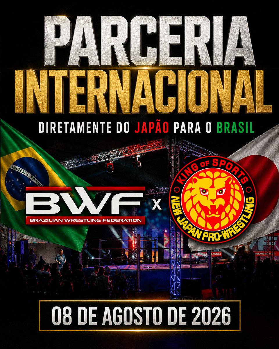 BWFoficial's tweet photo. A Brazilian Wrestling Federation tem a satisfação de anunciar sua parceria com a New Japan Pro-Wrestling (NJPW), a maior empresa de luta livre do Japão e uma das organizações mais respeitadas do wrestling mundial.

#BWFTelecatch #LuchaLibre #NJPW #NewJapanProWrestling https://t.co/XuqbZVx5NF