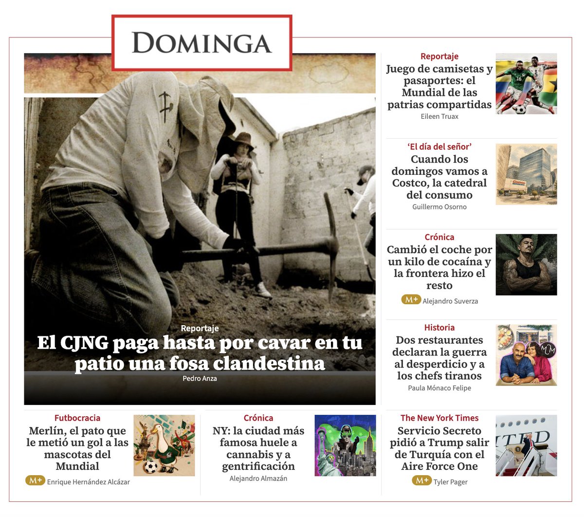 oscarbalmen's tweet photo. ¡Domingo de @dominga_milenio! ¿Ya leyó, compañero?

Va calada, va garantizada: el Pato Merlín, el Servicio Secreto de Estados Unidos, el Cártel Jalisco, el Mundial, los chefs tiranos, la salida dominical al Costco, Nueva York y la cocaína viajera. 

¡Pásele a leer! https://t.co/XnIlzuR6fG