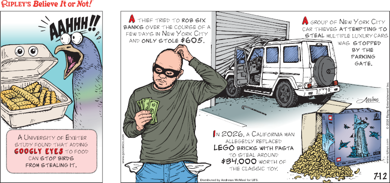 Ripleys's tweet photo. In 2026, a California man allegedly replaced LEGO bricks with pasta to steal around $34,000 worth of the classic toy.

Catch our daily cartoon here. 👇 https://t.co/o1NiimIG6D https://t.co/Tu3d9eKWIe