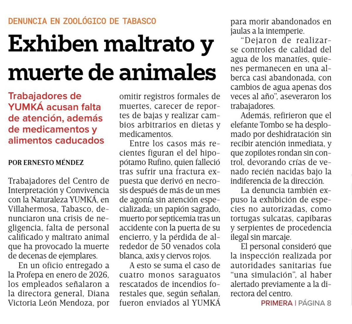 avieu's tweet photo. 🆘 Mientras las redes arden por una polémica tras una lamentable y condenable declaración, en el YUMKÁ de #Tabasco trabajadores denuncian la muerte de decenas de animales por presunta negligencia, falta de atención veterinaria, alimentos caducados, deshidratación y abandono.

Si de verdad importan los animales, aquí también debería haber la misma indignación y exigencia de justicia. Ccp @PROFEPA_Mx