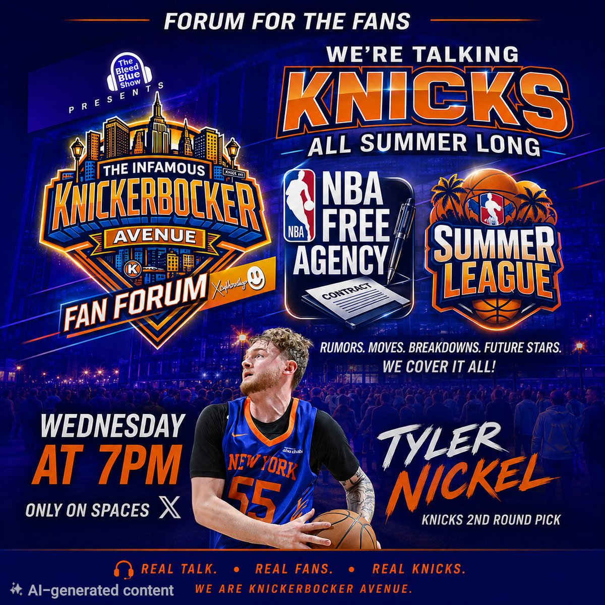 KnickerbockerAv's tweet photo. The Forum Returns

Wednesday Night at 7pm... Talking #NBASummerLeague & #NBAFreeAgency right here on Spaces.

Join Knowledgeable Fans in Real Spirited Talk from and for the Fans.

#AlwaysKnicks #NewYorkForever #Knicks #NBAChamps 

@BleedBlueShow @ThisIsSteveAzul @NYK_Mentality85 @dinardodp @TrueDramaClass @Btruetolife @concretecityccs @Mrs_Knicks @KnicksNIsh