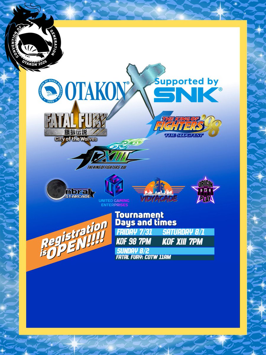 Otakon's tweet photo. We are proud to say that we have the gaming company SNK sponsoring prizes for tournaments featuring their games this year!

Please sign up here for these tournaments and other ones that we have listed: https://t.co/H8aZTpxHRH

#Otakon2026 https://t.co/5kvhRbZ7PG