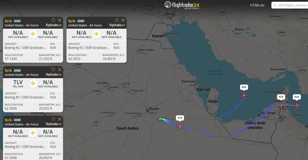 FrozenFrequency's tweet photo. Four U.S. Air Force KC-135R Stratotankers (57-1439, 62-3553, 62-3500, and 57-1439) were tracking out of Prince Sultan AB, Saudi Arabi. https://t.co/5Zf4owMHWl
