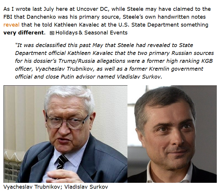 drawandstrike's tweet photo. I am to this day convinced that the reason Steele and Danchenko always told different stories about where a substantial part of the Steele Dossier stories came from, essentially laying down false trails for investigators, was to cover for several SPECIFIC PEOPLE who were the actual sources of the 'bar talk' and 'rumors': 

1. Charles H. "Chuck" Dolan - tippy-top Clinton family advisor & mentor
2. Vyacheslav Trubnikov
3. Vladislav Surkov

I am not pulling this out of my ass.

Steele's **own notes** from his meeting with State Dept. official Kathleen Kavalec **clearly state what they state**. 

I got all the receipts right here. 

https://t.co/jBdbTD347f

https://t.co/QOjsDBuPJP