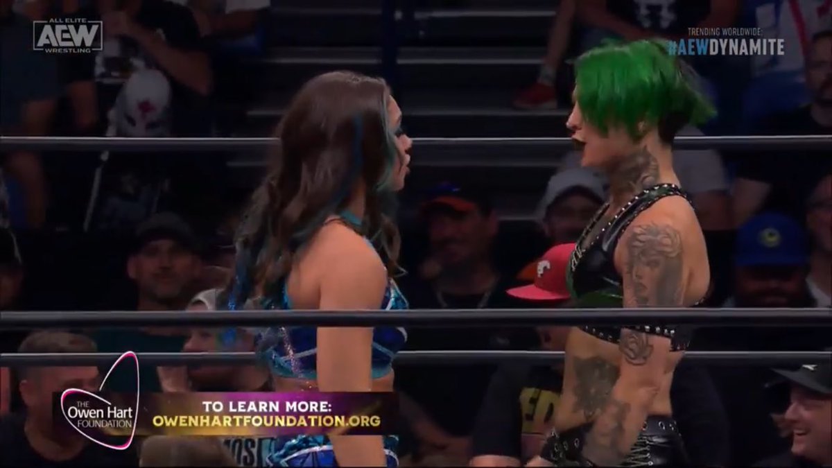 SkyeBlueNews's tweet photo. On this day!
Skye Blue wrestle Ruby Soho for a spot in the Final of the Owen Hart Foundation 2023 Tournament on AEW Dynamite on the 12th July 2023.
The match went 8:47 minutes long & Outcast members Saraya and Toni Storm try to give Ruby an edge in this match but found themselves thrown out by the referee giving Skye a fair fight against Ruby.
Skye hurt her knee in this and Ruby took full advantage of it being in control for the majority of the match, Skye had her moments but unfortunately couldn’t get the better of Ruby and lost the match.
#AEW #AEWDynamite #SkyeBlue #RubySoho #Wrestling