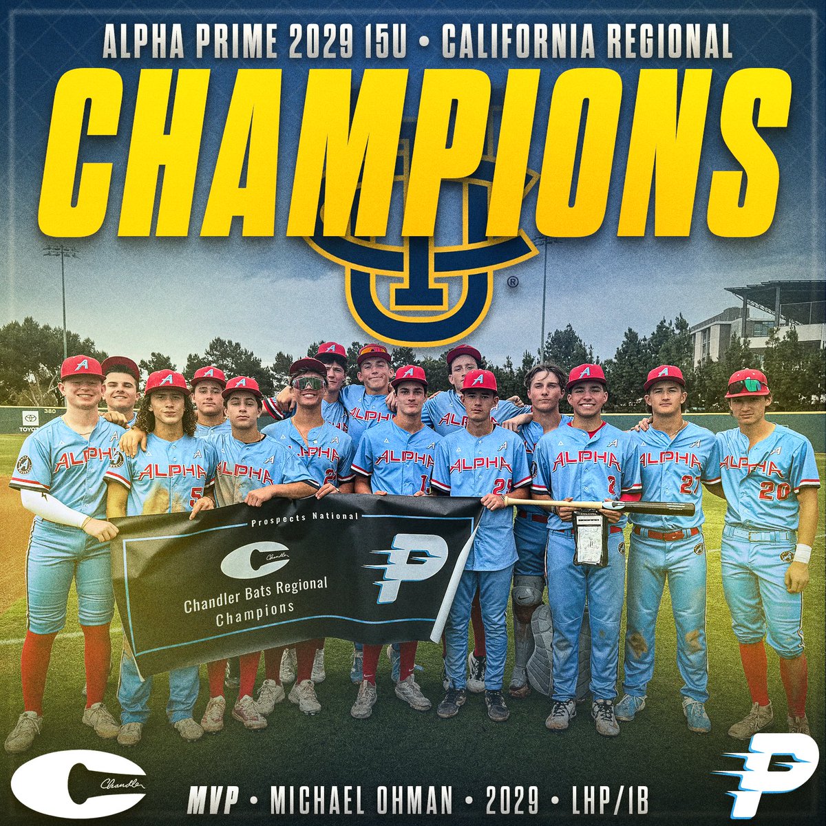 ProspectsNat's tweet photo. Congrats to our 15u Califorina Regional champions
@Alpha_BSB 

Congrats to our @chandlerbats MVP:

@MichaelOhman09 https://t.co/fdpEMPu5ma