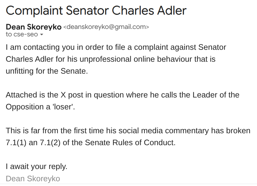 bcbluecon's tweet photo. My complaint filed against Senator Charles Adler over his social media X post calling Pierre Poilievre a 'loser'. https://t.co/SkLTVQ041E