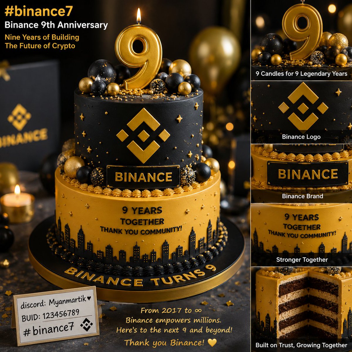 MTokking's tweet photo. Happy 9th Anniversary, Binance! 🎉

Nine years of innovation, growth, and building the future of crypto together. Here's my Binance 9th Anniversary cake created with AI to celebrate this amazing milestone! 🎂✨

#binance7 #BinanceTurns9 #Binance #AIArt #Crypto https://t.co/tHpv6SIxC3