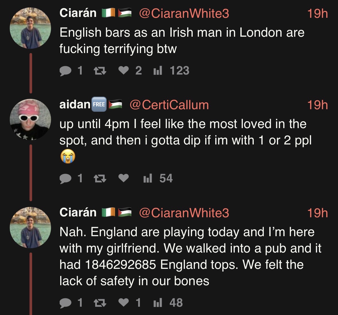 slackkejakke's tweet photo. ‘We felt unsafe as Irish people among England supporters in an English bar in London’

Gee I wonder why https://t.co/5UR6OtbJJr