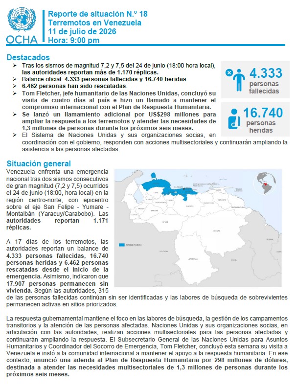 UNOCHA_Americas's tweet photo. 🇻🇪 La respuesta humanitaria continúa adaptándose a las necesidades cambiantes tras los terremotos en Venezuela, ampliando el apoyo en sectores clave.

Más información en el Reporte de Situación No. 18:
🔗 ES: https://t.co/xfw8ebnCAH
🔗 EN: https://t.co/Ckz2JrnCBo https://t.co/ezZmEqvRNA