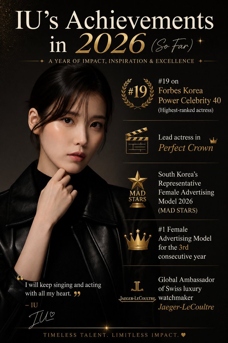 ame_rizhuka's tweet photo. 2026 isn't over yet, but IU has already added another impressive chapter to her legacy. ✨
From music and acting to global brand influence, she continues to redefine excellence and prove why she remains one of South Korea's most influential artists. 
Congratulations IU😘 https://t.co/cqwSqUahME