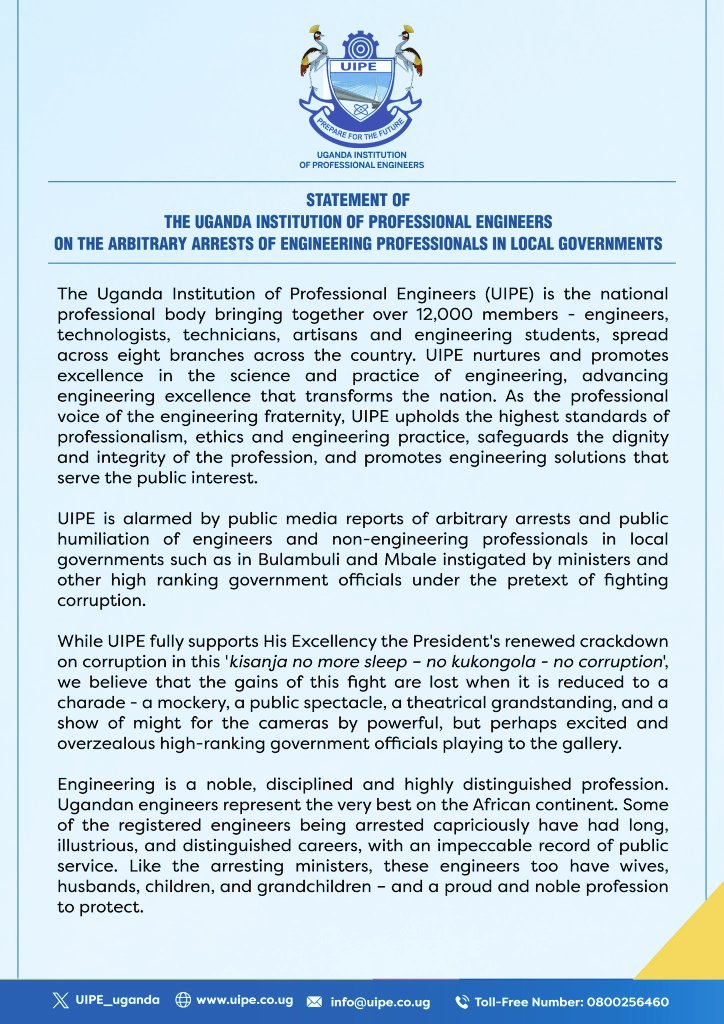 MosesMusa_Ug's tweet photo. Institute of Engineers condemns arbitrary arrest and humiliation of their members by Ministers @BalaamBarugahar &amp; @JustineNameere. 

"Like the ministers, these engineers too have wives, husbands, children, and grandchildren - to protect.." said the statement. https://t.co/zsfA7Pddlr