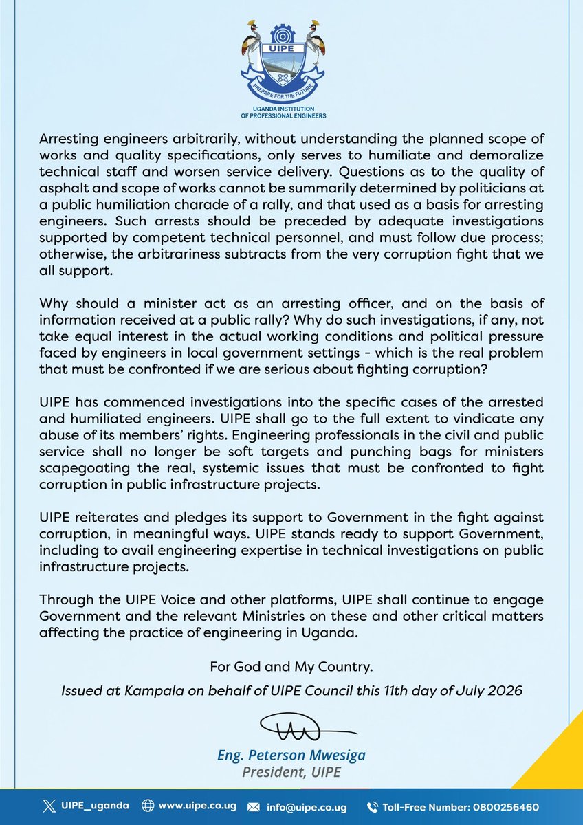 MosesMusa_Ug's tweet photo. Institute of Engineers condemns arbitrary arrest and humiliation of their members by Ministers @BalaamBarugahar &amp; @JustineNameere. 

"Like the ministers, these engineers too have wives, husbands, children, and grandchildren - to protect.." said the statement. https://t.co/zsfA7Pddlr