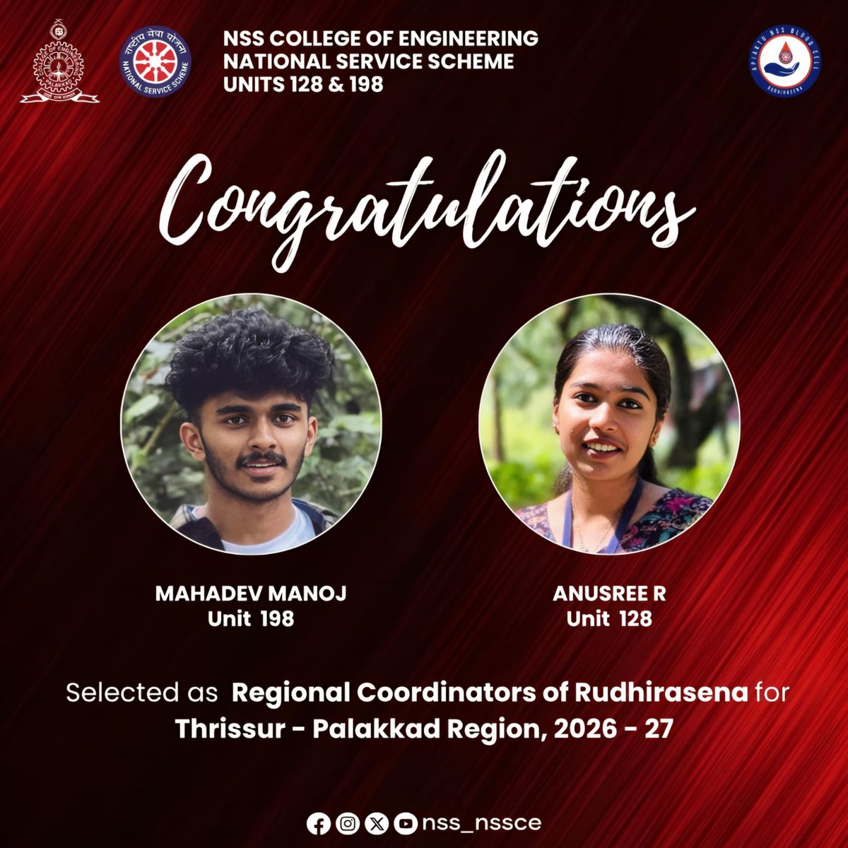 nssnssce's tweet photo. NOT ME BUT YOU ✨

With immense pride and pleasure, we congratulate Anusree R of Unit 128 and Mahadev Manoj of Unit 198 on being selected as the Regional Coordinators of Rudhirasena, TCR–PKD Region, for the term 2026–27. Wishing them both a successful and impactful tenure ahead. https://t.co/0gsBCZDmdP