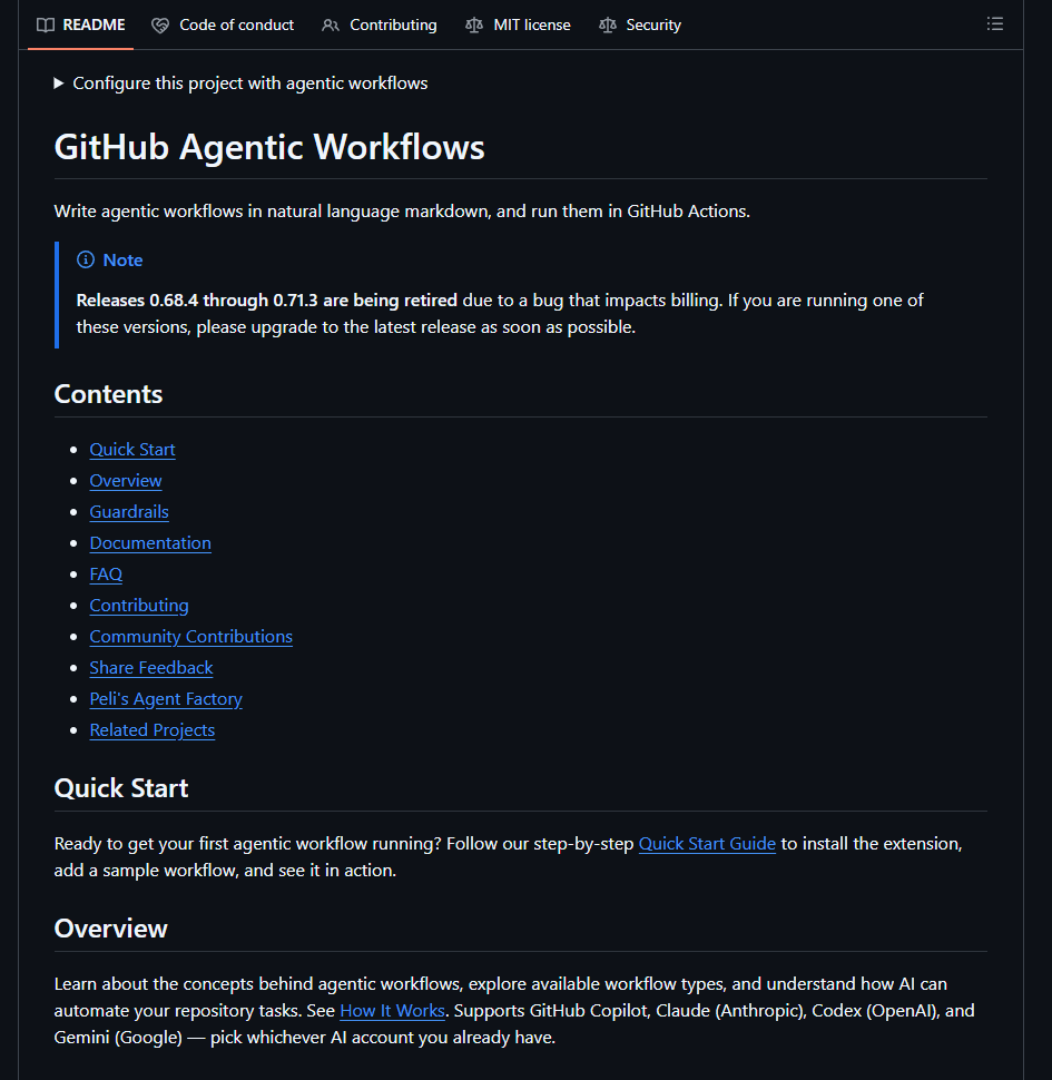 Screenshot of a GitHub Agentic Workflows README example describing scheduled bug triage and PR creation