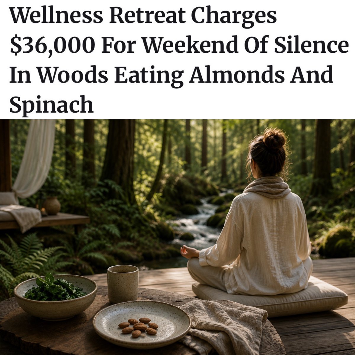 bee_wannabe_'s tweet photo. ASPEN, CO — A luxury wellness retreat is facing criticism after charging guests $36,000 for what attendees described as “basically being hungry and quiet in the forest for three days.” The exclusive retreat, known as StillRoot, promises to “reset cellular vibration patterns” through a carefully curated regimen of silence, mindfulness, filtered mountain air, and approximately seven almonds distributed at emotionally significant intervals.

Guests begin each morning with a 4:30 a.m. guided breathwork session led by a barefoot man named River who gently reminds participants that coffee “blocks abundance pathways.”

Meals reportedly consist of steamed spinach, room-temperature mineral water, and a single almond served on hand-crafted ceramic plates worth more than most Hondas. “At first I thought I was being held hostage,” said one attendee wrapped in a $900 ethically sourced alpaca blanket. “But by day two I realized my headache and dizziness were actually toxins leaving my body.”

The retreat brochure promises attendees they will “reconnect with their authentic selves” by surrendering their phones, speaking to no one, and sitting motionless beside trees while listening to distant wind chimes and someone softly striking a gong every 11 minutes.

Premium package holders may also participate in “advanced emotional detox,” during which participants scream into a canyon while wellness coaches nod knowingly.

Despite criticism over the price, organizers insist the experience delivers profound value. “You’re not paying for food,” explained Somalian StillRoot founder Sage Moonwater while adjusting a scarf the size of a parachute. “You’re paying to remember who you were before modern society poisoned your nervous system with email.”

At press time, attendees were reportedly preparing for the retreat’s closing ceremony in which everyone quietly journals about almonds before being whisked away in black Escalades.

UPDATE 7.12.26, 8:28am: Investigative reporter Nick Shirley has uncovered multiple Somalian-run “wellness centers” throughout Colorado collecting extravagant fees from prepaying guests. Such addresses were linked to empty warehouses rather than tranquil sanctuaries.