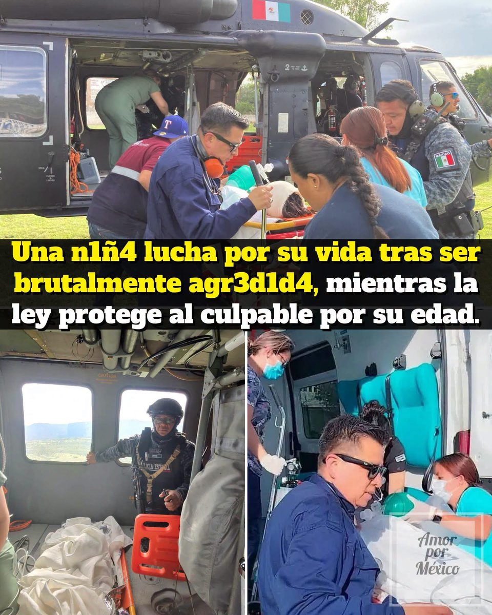MaTere_Mendoza's tweet photo. 🥺Una niña de 11 años tuvo que ser trasladada de urgencia en helicóptero al Hospital General de Zacatecas, luego de ser agredida sexualmente por un adolescente, "aprendiz de sicario", de apenas 14 años y posteriormente arrojada de un vehículo en movimiento.
Él, después de aprovecharse de ella y molerla a golpes, la arrojó desde su vehículo en movimiento, creyendo que ya no estaba con vida.
Posteriormente, la policía recibió el reporte de una pequeña golpeada en un camino de terracería. Al llegar, la encontraron en estado crítico.
Tras la cobarde agresión, tuvo que ser trasladada de urgencia en el helicóptero  de la Secretaría de Seguridad Pública debido a la gravedad de sus lesiones.
Fue llevada desde el Hospital Comunitario de Tabasco hasta el Hospital General de Zacatecas, donde el personal médico lucha por su salud. Su estado se reporta como estable, pero delicado.
El fiscal Cristian Camacho Osnaya ha confirmado que el agresor no podrá ser procesado penalmente porque la ley actual impide juzgar a menores de 14 años.
Esto no es justicia, es un insulto a la víctima y a toda la sociedad. Quien tuvo la plena conciencia, la malicia y la frialdad para cometer un abuso sexual y casi privar de la vida a la niña, arrojándola de un vehículo en movimiento, no puede andar libre y campante por las calles como si nada hubiera pasado.
Nuestras leyes están obsoletas. Fueron diseñadas bajo supuestos que hoy la realidad sobrepasa con creces. 
Un vacío legal no puede seguir siendo el refugio de criminales, sin importar los años que tengan. 
Si hay madurez y saña para planear y ejecutar un crimen de esta magnitud, debe haber madurez para enfrentar las consecuencias.
Urge una reforma a la ley de justicia para adolescentes ya.
Justicia para esta pequeña 

✍🏼 Amor por México