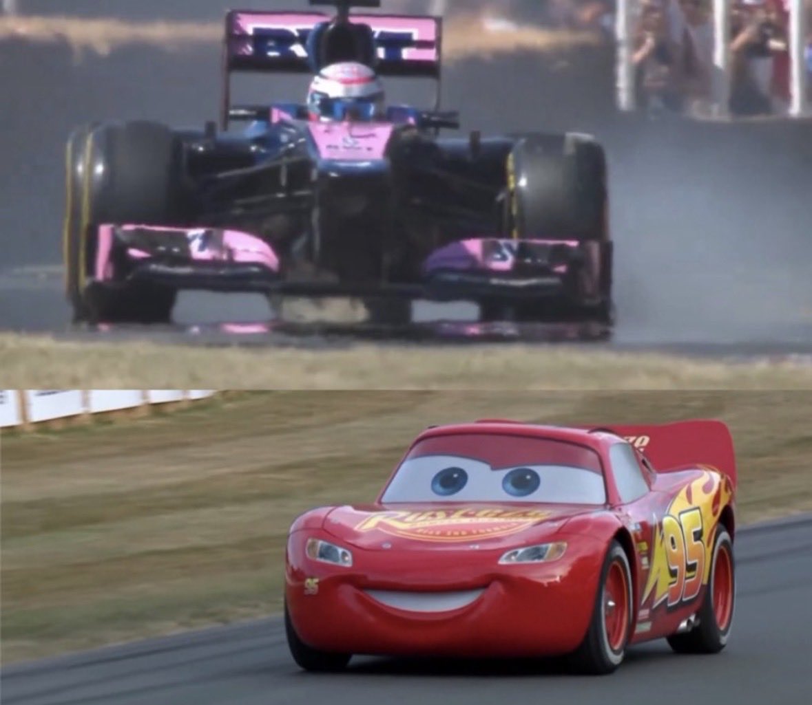 TinoCLeclerc's tweet photo. invitados de la fórmula 1: *influencers que nadie los conoce* 

invitados del goodwood: el rayo mcqueen y franco colapinto 😎 https://t.co/Gfk5lkEU95